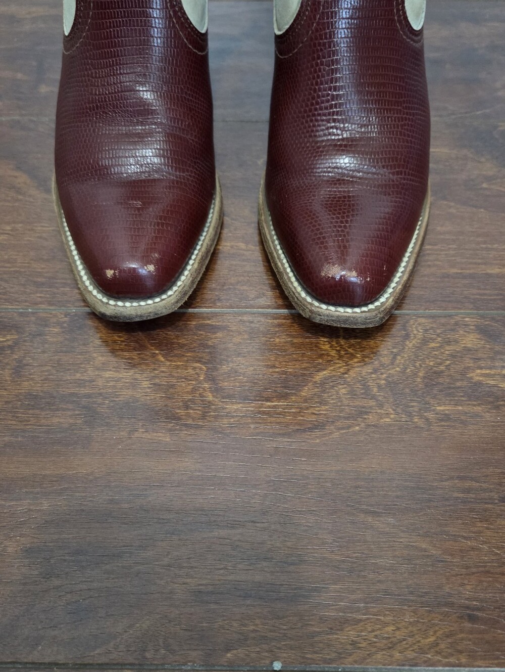 VTG Frye Boots Womens Two-Tone Red Lizard Leather Heeled Inlay Western Size 5.5 - Picture 5 of 13